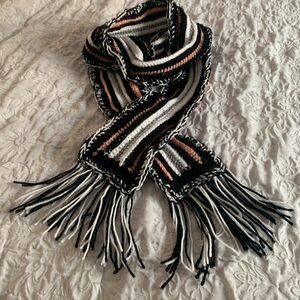 Striped Black and White Scarf with Fringe, hand crocheted